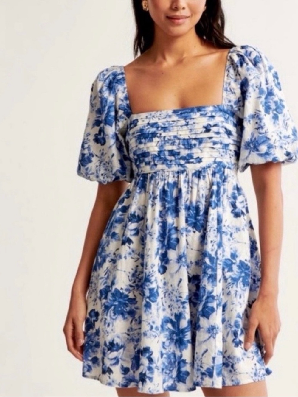 Abercrombie & Fitch Blue and White Floral Puff-Sleeve Mini Dress